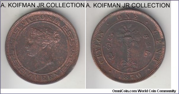 KM-92, 1870 Ceylon cent; copper, plain edge; Victoria, first year of the type, unusual toning, very little wear, flan defect and a couple of spots.