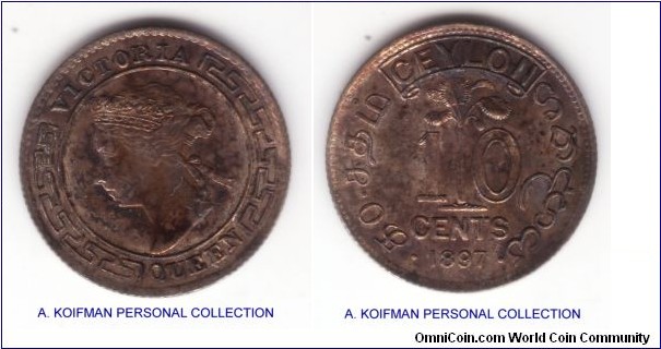 KM-94, 1897 Ceylon 10 cents; silver, reeded edge; tiny, about uncirculated multi-hued toned coin