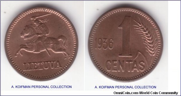 KM-79, 1936 Lithuania centai; bronze, plain edge; nice looking uncirculated, mostly red
