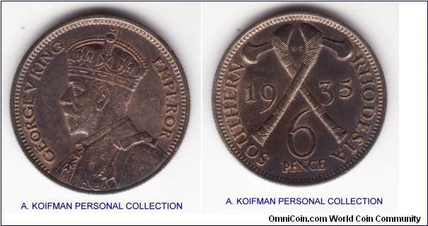 KM-2, 1935 6 pence Southern Rhodesia; silver, reeded edge; very dark toned extra fine