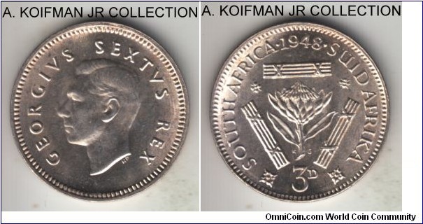 KM-35.1, South Africa (Dominion) 3 pence; silver, plain edge; George VI, bright uncirculated, few bag marks and the onset of toning.