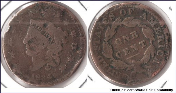 1834 One Cent - Error: 20 degree rotated die.
