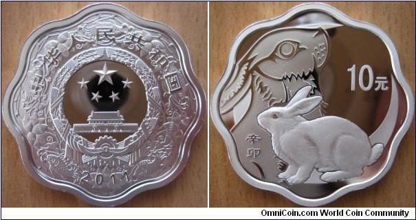 10 Yuan - Year of the Rabbit (blossom shape) - 31.1 g .999 silver Proof - mintage 60,000