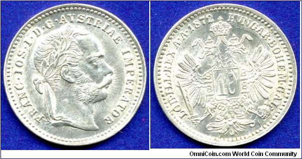 10 neuenkreuzer (Kreuzer).
Austro-Hungary Empire.
Franc Ioseph I (1848-1916).
Type III.
Mintage 70,000,000 units.
Ø-18mm.


Ag400f. 1,66gr.