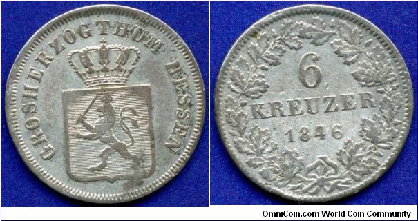 6 kreuzer.
Hessen-Darmstadt.
Ludwig II (1830-1848).
Mintage 897,000 units.


Ag350f. 2,46gr.