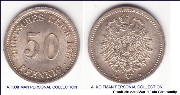 KM-6, 1875 Germany (Empire) 50 pfennig; silver, D mintmark; reeded edge; uncirculated with some toning spots, good underlaying luster.