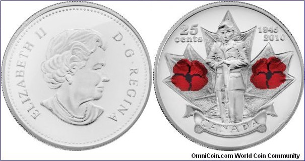Canada, 25 cents, 2010 Poppy Honour Remembrance Day