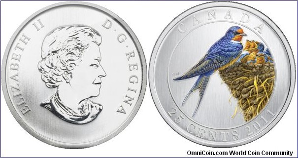 Canada, 25 cents, 2011 Birds of Canada Series, Barn Swallow, Coloured Coin