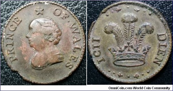 Birth of the Prince of Wales 1762.
Obv. Bust of the Prince, bare head left, star above. PRINCE OF WALES.
Rev. Prince of Wales plumes rising from coronet. ICH DIEN(I serve).
BHM#81,Brass 20mm by ? RRRR. Mine looks to be bronze or copper. 