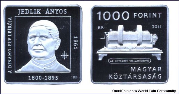 Hungary, 1000 forints, 2011, Cu-Ni, 28.43mm, 14g, square-shaped, Great Hungarian Inventors:  Anyos Jedlik (1800-1895), describer of the Concept of the Dynamo - 1961.