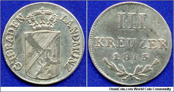 3 kreuzer.
Grossherzogthum Baden.
Karl (1811-1818).
Mintage 214,000 units.


Ag313f. 1,247gr.



