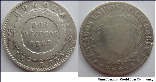 Colombia 2 Decimos 1867 -Bogota-Estados Unidos de olombia-  CAT 124-4
SOLD