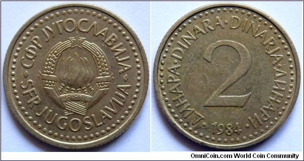 2 dinars.
1984, Cu-Zn-Ni.
Weight; 4,4g. Diameter; 22,1mm. Reeded edge. Design; Dragomir Mileusnic. Minted in Belgrade. Mintage; 50.500.000 units.