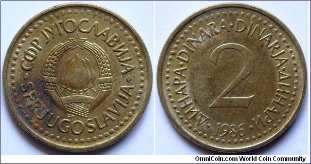 2 dinars.
1986, Cu-Zn-Ni. Weight; 4,4g. Diameter; 22,1mm.
Reeded edge. Design; Dragomir Mileusnic. Minted in Belgrade. Mintage; 50.453.000 units.