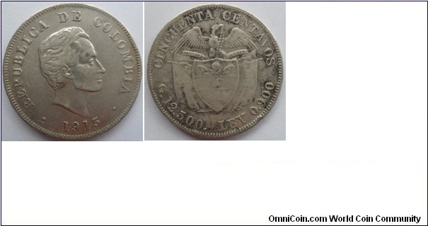 COLOMBIA 1915 SILVER VF  CAT 208-4
SOLD