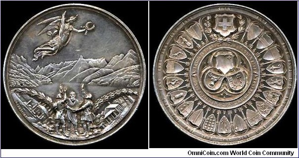 1891 Swiss Confederation 600th Anniversary, Battles Morgarten Sempach & Coat of Arms Cantons Medals, Silver 50MM 43.86 gm
Obv: Delegates of three original Cantons swear Oath of Rutli before lake Lucerne & mountains. Rev: Arms of all 23 Cantons with date of joining Confederation.
