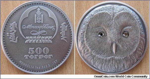 500 Togrog - Ural owl - 31.1 g Ag .999 antique finish (with two Swarovski crystals eyes) - mintage 2,500