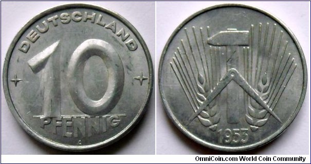 10 pfennig.
1953, East Germany. Mintmark 