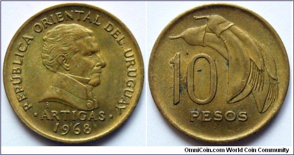 10 pesos.
1968, Cu-Al-Ni.
Weight; 4g. Diameter; 23mm.
Mintage; 100.000.000 units.