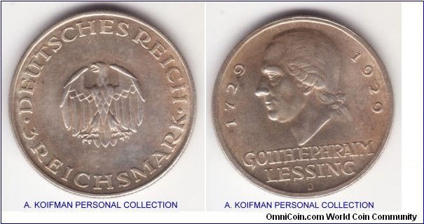 KM-60, 1929 German (Weimar Republic) 3 reichsmark, D (Munich) mintmark; silver, reeded edge; good very fine condition, scarcer 56,000 mintage