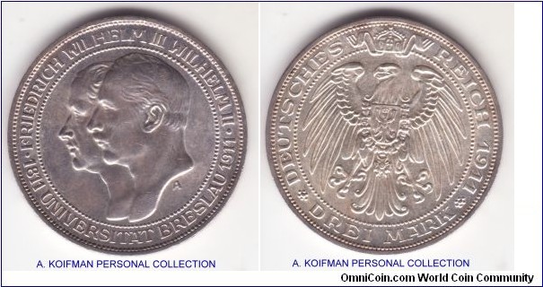 KM-531, 1911 German States Prussia 3 marks, Berlin mint (A mintmark); silver, lettered edge; Breslau university commemorative, about uncirculated, nice luster.