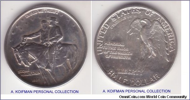 KM-157, 1925 United States half dollar; silver, reeded edge; Stone Mountain commemorative, cleaned or dipped in the past.