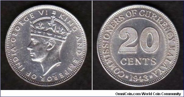 Malaya 20 Cents 1943 KM#5a 



