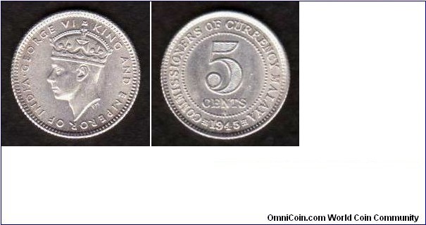 Malaya 1945I 5 Cents KM#3a 