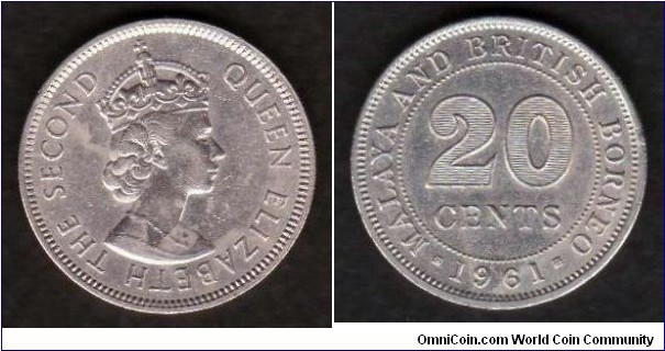 Malaya & British Borneo 1961 KM#3 20 Cents