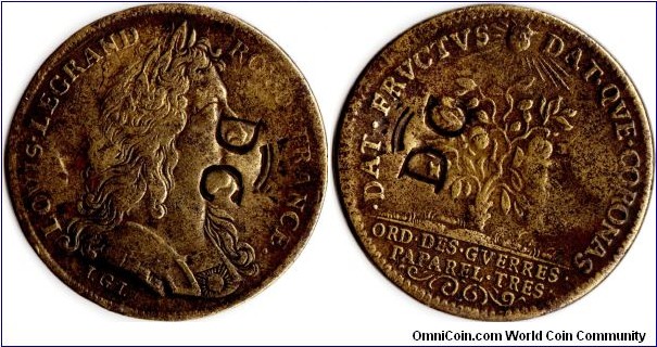 a relatively rare jeton originally  minted in `yellow copper' at Nurenberg for the `Ordinaires des Guerres' but bearing a crown over `DG' counterstamp which makes it likely that this particular jeton saw circulation as legal tender in Guadeloupe.