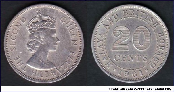 Malaya & British Borneo 1961 H KM#3 20 Cents