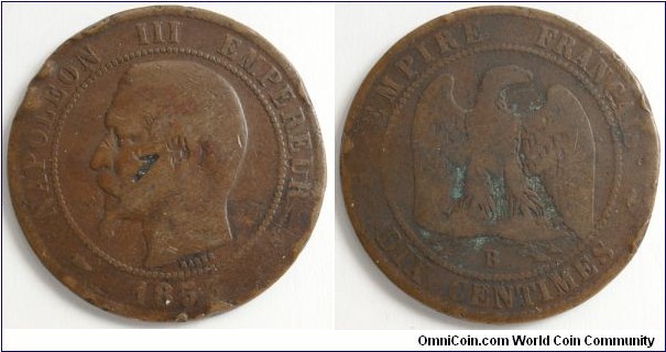 France 10 Centimes, 1853-B, Rouen mint
