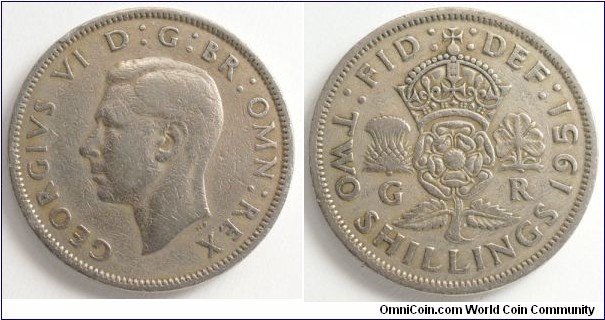 2 Shillings, George VI, 28.52 mm, 11.3 g, Cupro-nickel