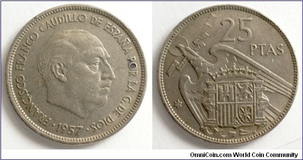 25 pesetas, Francisco Franco, 26.6 mm, 8.6 g, Cupro-nickel