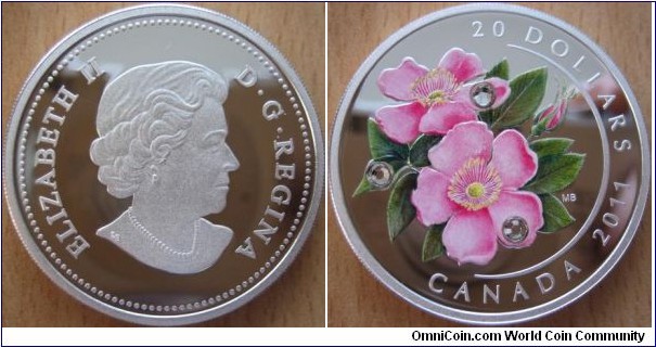 20 Dollars - Wild rose raindrop - 31.39 g Ag .999 Proof (with 3 Swarovski crystals) - mintage 10,000