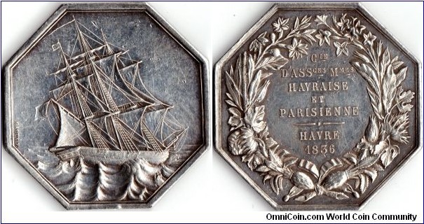 silver jeton struck for the French maritime assurer `Havraise et Parisienne'.