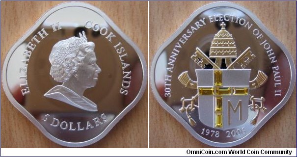 5 Dollars - 30th anniversary election of John Paul II - 25 g Ag .999 Proof (partially gold plated with 6 Swarovski crystals) - mintage 5,000
