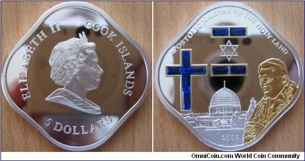 5 Dollars - Pope visit to Israel - 25 g Ag .999 Proof (partially gold plated with 9 Swarovski crystals) - mintage 5,000