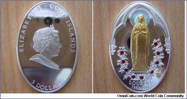 5 Dollars - Lourdes - 25 g Ag .999 Proof (partially gold plated with 9 Swarovski crystals)- mintage 5,000 - Hologram version hard to find
