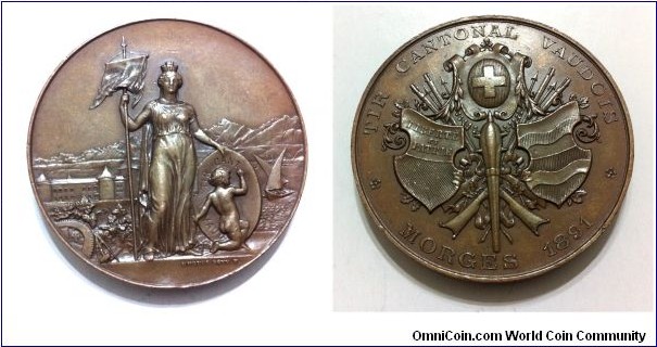 Swiss Tir Cantonal Vaudois Morges Medal by Hugues Bovy , Louis Furet, Bronze 45MM. Mintage 1,100