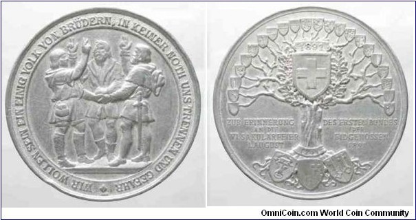 Swiss 600 Jahre Eidgenossenschaft Zin Medal engraved by V. Lauer, 50 MM