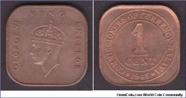 Malaya 1945 KM#6 1 Cent