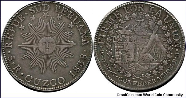Republic of South Peru 8 Reales 'CONFEDERACION', Cuzco mint. 27g, .9030 silver, .7859 oz. fine silver.