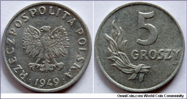 5 groszy.
1949, Aluminum.
Weight; 1g. Diameter; 20mm. Reeded edge. Design; Anton Peter.
Mint; Kremnica (Mincovna Kremnica) Czechoslovakia. Mintage; 200.000.000 units.