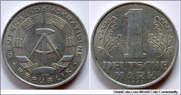 1 mark.
1963, East Germany.
Aluminum. Weight; 2,5g.
Diameter; 25mm.
Design; Rudi Hogner.
Mint; Berlin.
Mintage; 31.910.000 units.