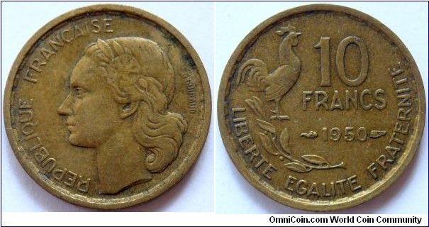 10 francs.
1950, Cu-Al-Ni.
Weight; 3g. Diameter; 20mm. Plain edge. Design; Georges Guiraud. Mint; La Monnaie de Paris (Paris Mint) Mintage; 13.534.000 units.