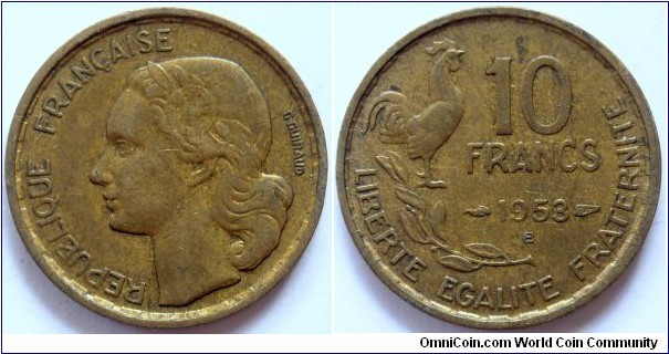 10 francs.
1953, Cu-Al-Ni. Weight; 3g. Diameter; 20mm.
Plain edge. Design; Georges Guiraud.
Mint; Beaumont-le-Roger (B) Mintage; 36.465.856 units.