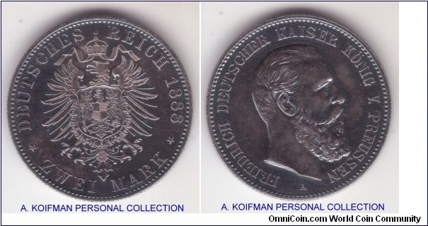 KM-210, 1888 Prussia 2 marks, Berlin mint (A mint mark), proof; silver, reeded edge; nice coin