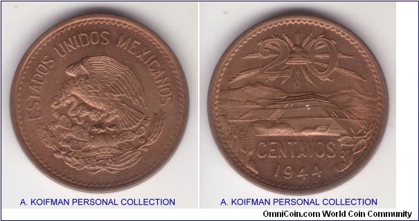 KM-439, 1944 20 centavos; bronze, plain edge; nice uncirculated and mostly red.