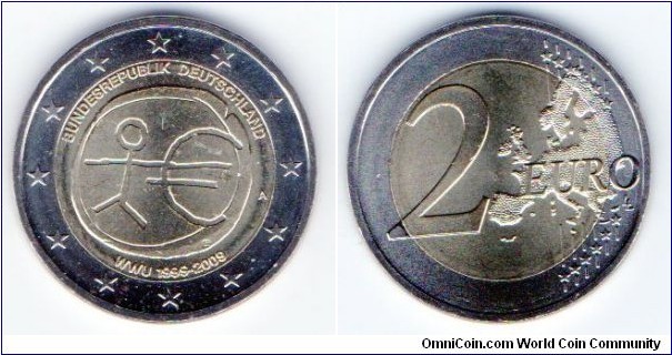 2 euro 
EMU 
A mint mark = Berlin

I have all 5 versions